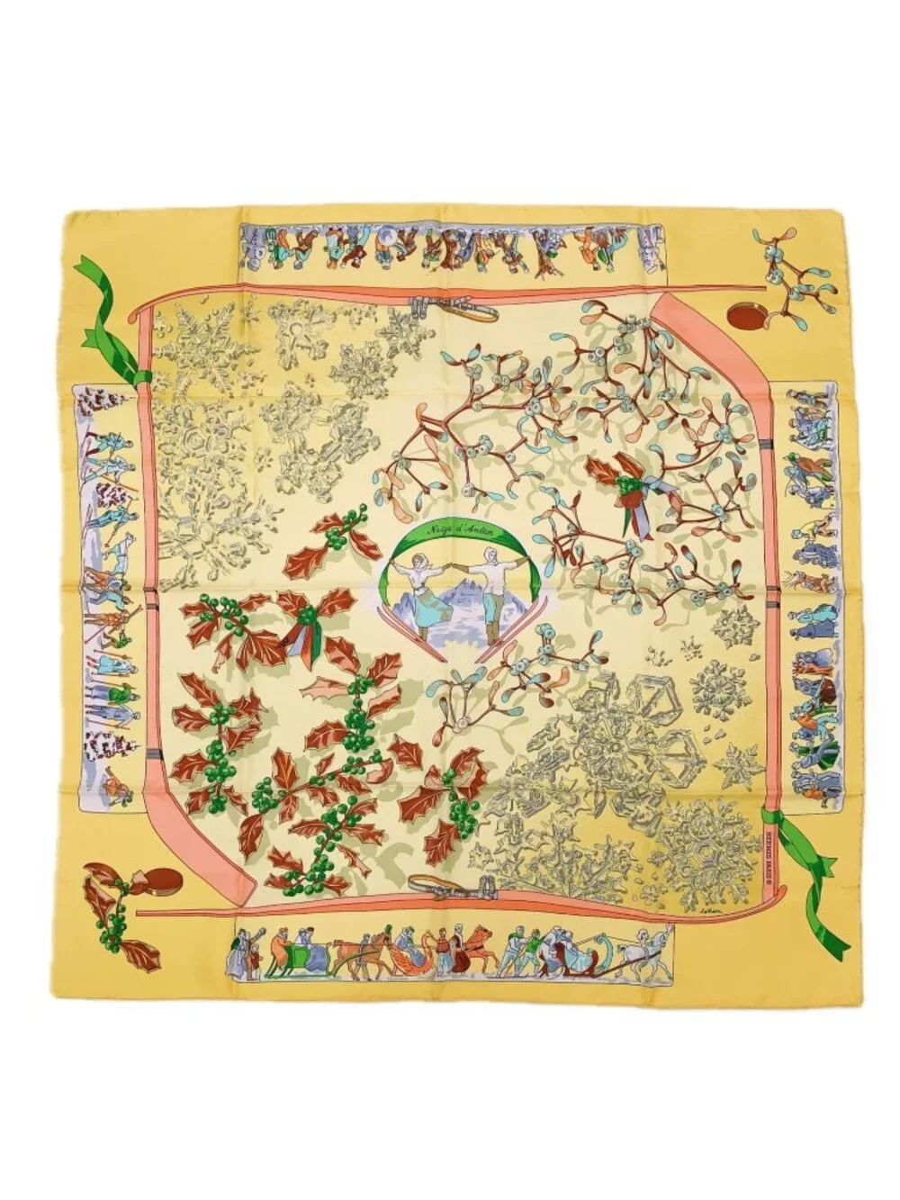 Hermes Carre 90 Neige D'antan Last Year's Snow Yellow Christmas Silk Scarf - Picture 1 of 7